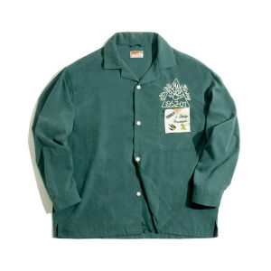 MADEN | Retro Olive Green Peached Velvet Embroidered Shirt