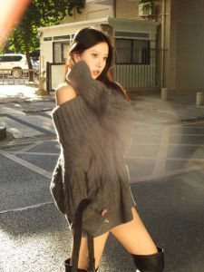 BINKAFENNY | Gray Knitted Sweater Womens Loose Lazy Style Long Twist Shoulder One-Shoulder Sweater Autumn Winter Comfortable Soft Top