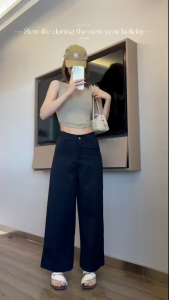Womens pants and leggings with high-waisted design and side cutout detail.