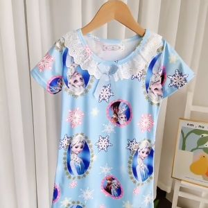 HK BT1807 Baju Tidur Daster Dress Leher Renda Anak Perempuan Lengan Pendek Motif Kartun Lucu