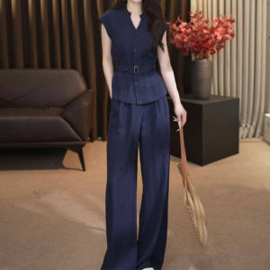 Shalldoer | Bộ đồ hai mảnh sang trọng nhẹ nhàng mùa hè cho nữ Áo sơ mi cổ đứng màu trơn Quần dài thường ngày Bộ đồ hai mảnh