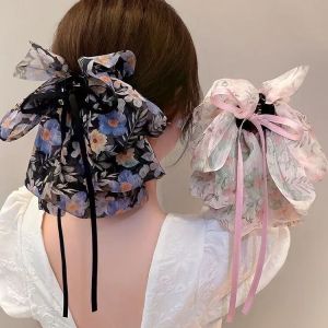 Bow Ribbon Back Head Hairpin Satin Floral Korean Fashion Clips Retro Temperament Hair Accessories Claw Clip for Women