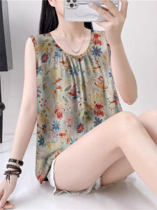Womens Pleated Vest Summer New Loose Printed Sleeveless Base Shirt Floral Upper Body Casual Fashion Commute Style