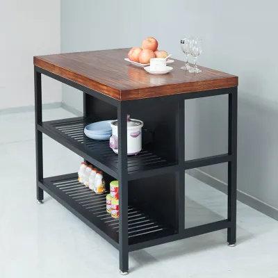 Modern Style Kitchen Island Table Wooden Top Mobile Workbench Iron Art Home Dining Table Open Shelf Side Table for Kitchen
