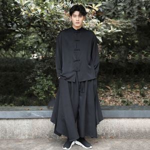 New Chinese Style Mens White Shirt Stand Collar Button Decorated Loose Fit Casual Shirt Youth Popular Four Seasons Wear