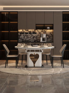 Smart Heart-Shaped Expandable Dining Table with Induction Cooker Home Heating round Rock Surface Table with Storage for 6-8 People