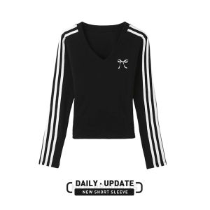 Korean Style V-Neck Long Sleeve T-Shirt Womens Spring Autumn Butterfly Knot Short Slimming Base Shirt Inner Wear Top Women