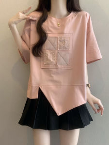 Pink Asymmetrical Slit Short Sleeve T-Shirt Womens Summer Fashionable Large Size Casual round Neck Top Unique Small Shirt