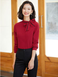 Áo Sơ Mi Nữ Dài Tay Ôm Vừa Vặn Cổ Đứng Thắt Nút Bướm Mùa Xuân Thu Phong Cách Hàn Quốc Chất Liệu Polyester Và Lycra