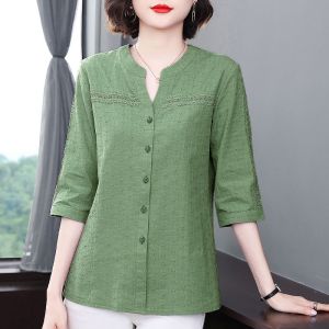 Áo Sơ Mi Nữ Cotton Nguyên Chất Thời Trang Xuân Thu Dài Tay Áo Phông Dáng Rộng Cổ Chữ V Nhiều Nút Áo Dài Tay Cỡ Lớn