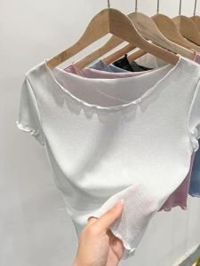 Áo Lưới Cổ Lớn Tay Ngắn Cho Nữ Áo Sơ Mi Lót Trong Áo Vest Ngắn Áo Sơ Mi Cổ Tròn Dáng Rộng Mùa Hè 2022 Áo Chui Đầu