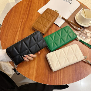 Long Diamond Grid Womens Wallet Large Capacity Fashion Handbag Zipper Money Clip Stylish PVC Material Card Holder for Youth