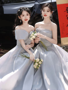 Grey Maids Dress Elegant Long Evening Gown Short Sleeve Sister Group Graduation Ceremony Fairy Atmosphere Daily Wear Wedding