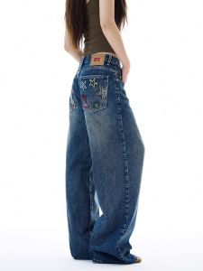 Womens Loose Straight Leg High Street American Style Jeans Wide Leg Trousers with Patch Design Couple Trendy Brand
