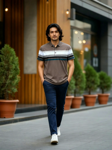 Men Classic Stripe Polo Shirt - Comfortable Plain Pattern Tee with Short Sleeves