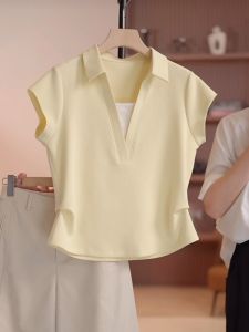Slimming Pure Cotton Short Sleeve T-Shirt Womens Summer New Style plus Size Casual Versatile V-Neck Top Korean Style Commute