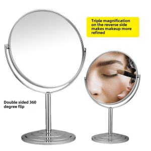 High Definition Double Sided Desktop Makeup Mirror 3X Magnification 360 Degree Rotation Metal Vanity Desk Universal Use Student European Style