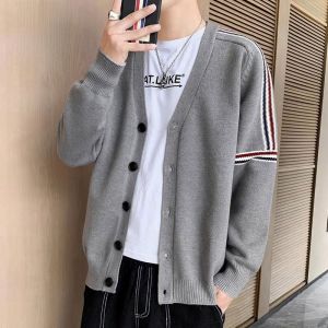 ROMON | Lormen Mens Knitted Sweater V-neck Thickened Casual Winter Outerwear Striped Open-cardigan Warm Polyester Fiber Long Sleeve