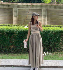 High Waist Knitted Stripe Patchwork Vest Dress Casual Style Autumn Fashion Single Piece round Neckline Sleeveless Gown
