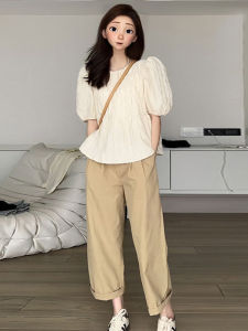 Khaki Wide Leg Pants Womens Summer New Thin Straight Tube Cuffed Nine Points Long Pants Casual Loose Fit High Waist Cotton