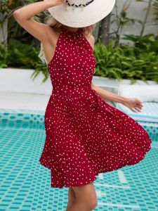 ชุดเดรสยาวแขนกุดสไตล์โบฮีเมียน กระโปรงสั้นเอวสูง ชุดเดรสฤดูร้อนสำหรับผู้หญิง ชุดเดรสคอวีแขนกุดลายจุด