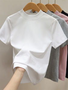 Loose Fit Pure Cotton Short Sleeve T-Shirt Womens Half High Collar Slimming mid Collar Base Shirt Top Korean Style Commute