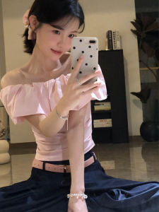 XIANGBAIWEI | Off-shoulder Collarbone-revealing Ruffle Trim Slim-fitting Summer T-Shirt