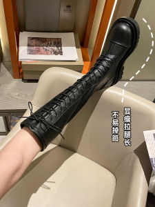 รองเท้าบู๊ทอัศวินสูงเข่า ผู้หญิง สีขาว ผูกเชือก ก้นหนาสูงฤดูใบไม้ร่วง ฤดูหนาว ทันสมัย พื้นยางหัวกลม