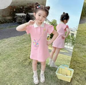 Princess Style Bear Print Dress Girls Summer Fashion College Wind Polo Short Sleeve mid High Waist Lace Fabric a Line Skirt