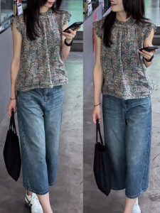 Shalldoer | Bộ đồ hai mảnh cổ điển phong cách Hồng Kông mùa hè rộng rãi quần jeans ống đứng không tay áo không tay quần áo làm việc