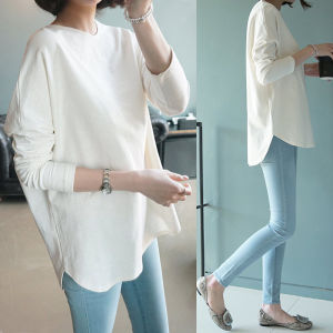 White Pure Cotton Oversized Long Sleeve T-Shirt Womens Spring Autumn Winter Fleece Lined Loose Fit round Neck Top