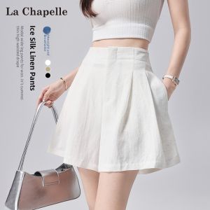 La Chapelle | White Ice Silk Linen Short Pants for Women High Waisted Slim