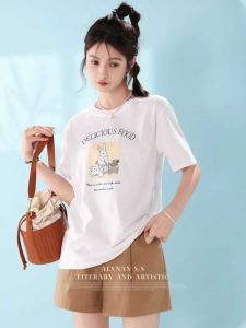 เสื้อยืดแขนสั้นคอตกลำลองสำหรับผู้หญิง ทรงหลวม สไตล์เกาหลี ลายพิมพ์ลายกระต่ายน่ารัก ปกคอกลม เสื้อยืดคอตตอนว่าง