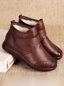 SHIPAILUO | Warm Thickened Leather Woolen Shoes For Elderly Women Winter Anti-slip Soft Bottom Short Boots Comfortable Cotton Shoes