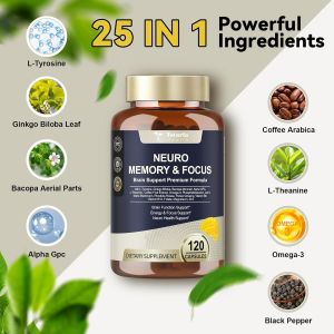 25 in 1 Brain Supplements for Memory and Focus & Neuro Health - Daily Brain Nootropic Cognitive Supplement with L-Tyrosine Bacopa Monnieri Ginkgo Biloba Alpha GPC - Non-GMO Gluten Free Vegan