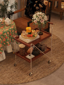 Vintage Style Solid Wood Coffee Table Mobile Sofa Side Table Walnut Color Living Room Small Cart Home Use Storage Rack