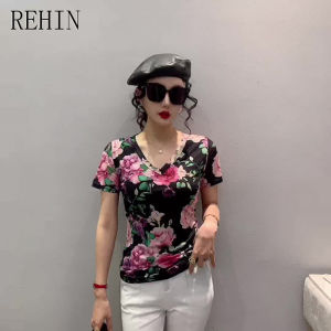 REHIN Womens top New Summer fashion mesh flower printed short-sleeved T-shirt V-neck S-3XL Slim thin elegant trendy blouse