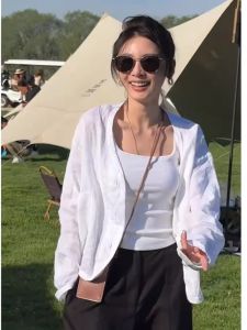 chaqi | Áo sơ mi lanh cotton chống nắng mỏng không tay dành cho nữ Áo khoác cardigan ngoài trời mùa hè Áo sơ mi cotton lanh không tay dài thường