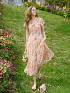XIANGYING | V-Neck Floral Ruffled Hem Womens Dress