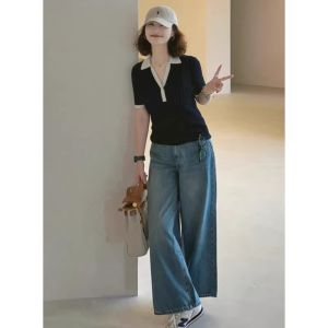 French Black Polo Shirt Knitted Short Sleeve Summer High End Feeling Ice Silk Regular Collar T-Shirt for Women