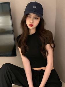 Áo Thun Nữ Màu Đen Cạp Cao Ngắn Hở Bụng Mùa Hè Thiết Kế Tay Ngắn Bó Sát Thời Trang Áo Thun Polyester Mỏng Mùa Hè