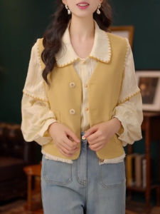 Shalldoer | Retro Style Sleeveless Vest & Turn-down Collar Color-blocked Long Sleeve Shirt Set for Women