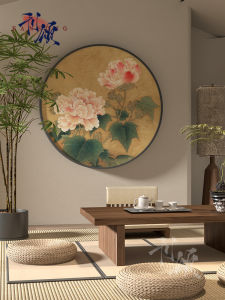 Retro Chinese Style round Wall Decorative Painting Lotus Plant Flowers for Living Room Entrance Study Background Framed Artwork