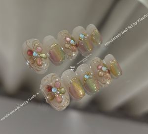 Handmade Wearing Nails Colorful Cats Eye Pearl Mirror Powder New Arrival Floral Squeezable Design Short Size Normal Pack