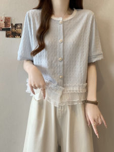 French Style Short Sleeve Shirt Women Summer New plus Size Beautiful Lace Flower Edge Top Korean Loose Fit round Neck Pure Color