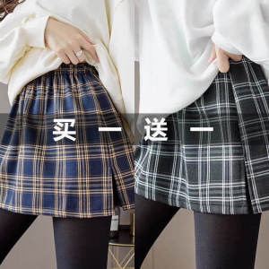 กระโปรงสั้นผู้หญิงทรงแฉบลายสก็อต กระโปรงสั้นสองชิ้นปลอม กระโปรงสั้นคลุมสะโพก ทรงเอวสูง กระโปรงสั้นผู้หญิงสไตล์สตรีท
