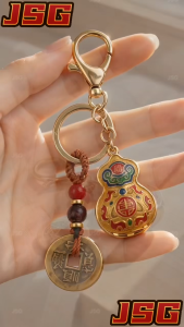 Feng Shui Wealth Protection Keychain 5 Emperor Coins Gourd Lucky Cat Charm Pendant for Gift