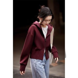 Outlets Discount Big Sale Age-Reducing Sharp Tool Plaid Soft Air Feeling Sweater Zipper Hooded Short Coat