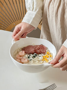 Pure White Wave Edge Double Ear Fruit Salad Yogurt Bowl Instant Noodles Soup Bowl High Aesthetic Value Household Ceramic Bowl