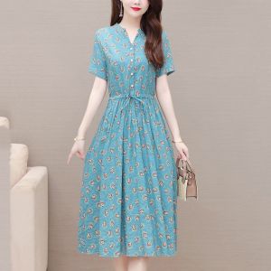 Ladieswear Print Cotton and Linen Dress Womens Summer Short-Sleeved Lace-up Waist-Controlled Slimming Linen Dress Elegant Floral Long Dress